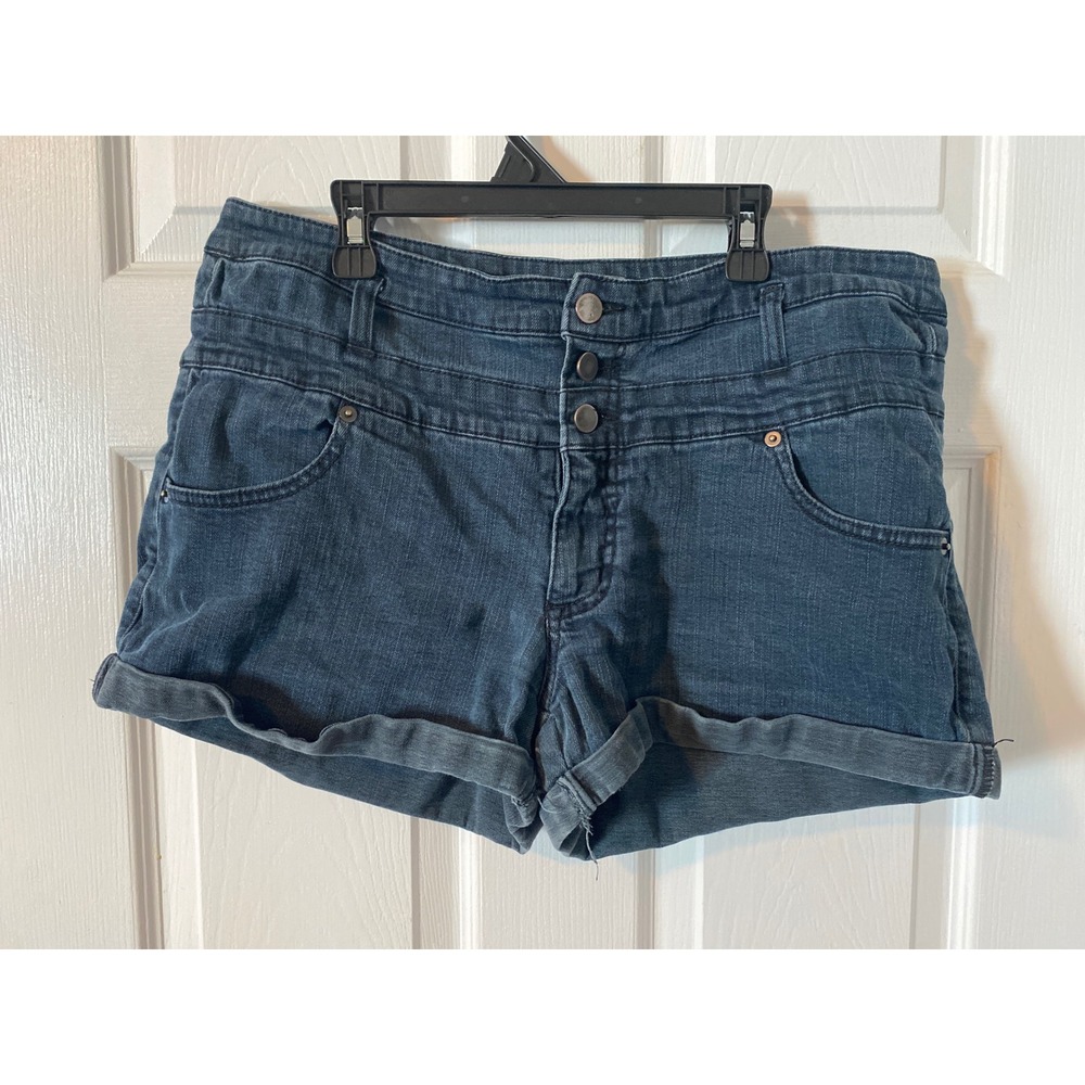 Xhilaration High Waisted Denim Shorts Dark Wash Blue 3-Button Fly Size 16